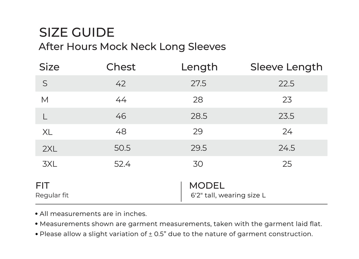 after-hours Mock Neck desktop size guide