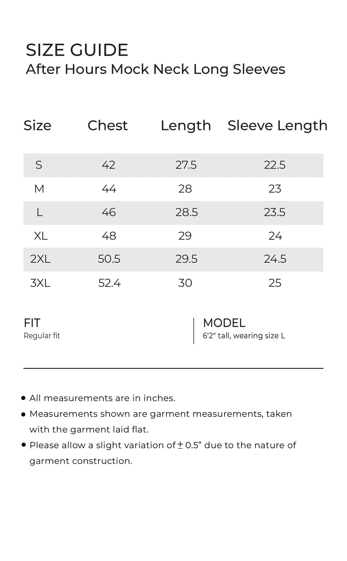 after-hours Mock Neck mobile size guide