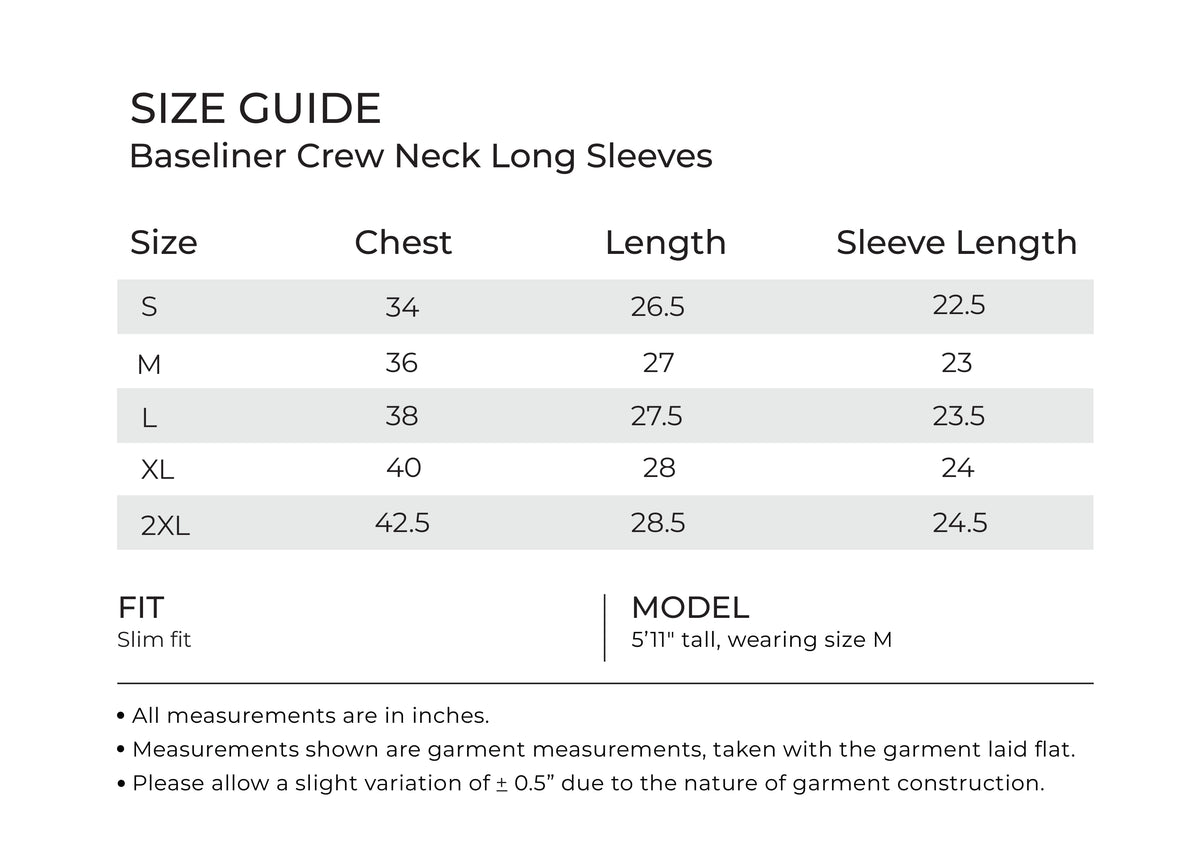baseline Crew Neck Long Sleeves desktop size guide