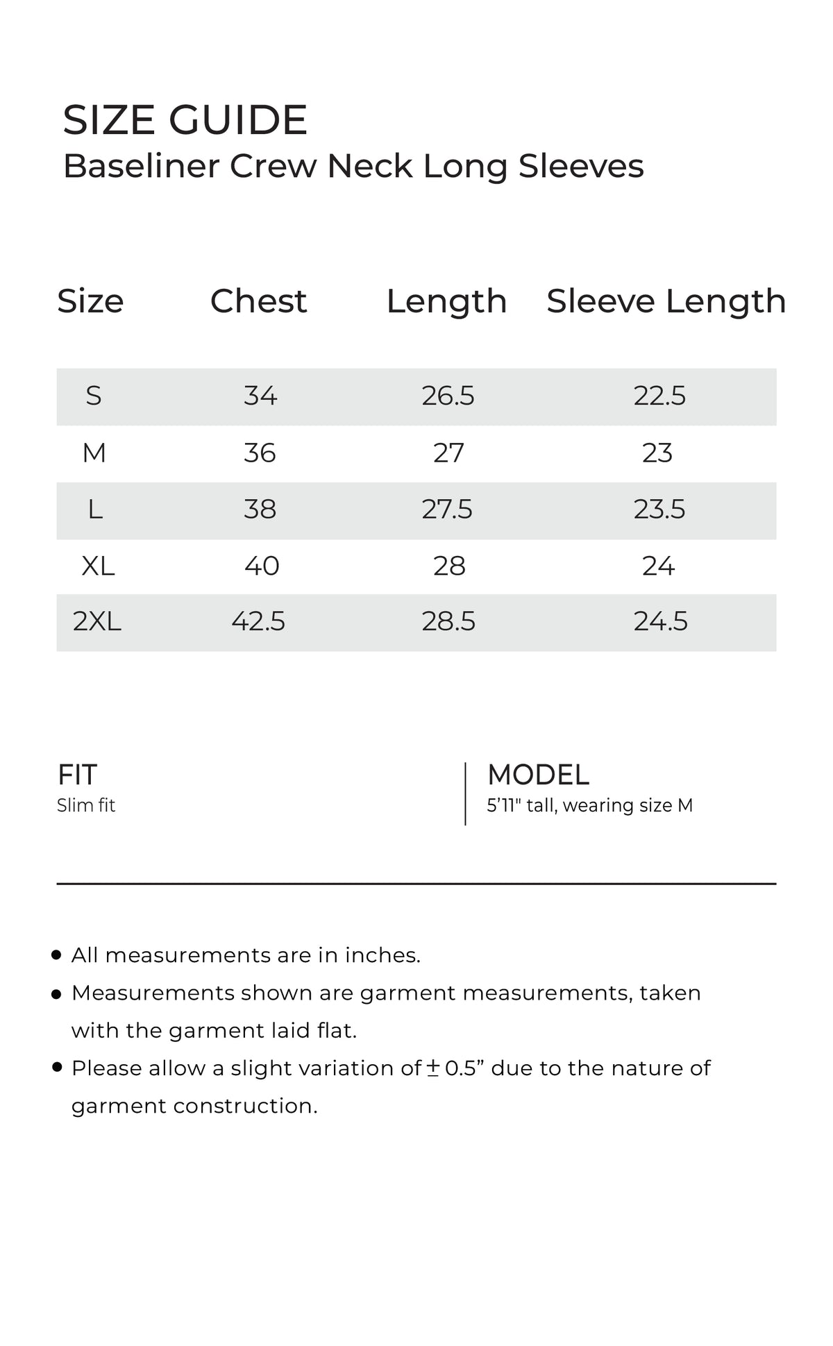 baseline Crew Neck Long Sleeves mobile size guide