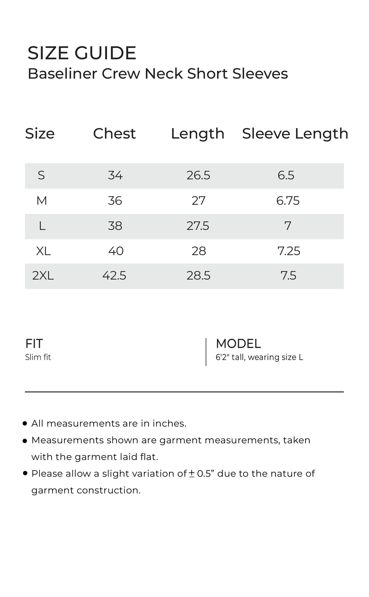 baseline Crew Neck Short Sleeves mobile size guide