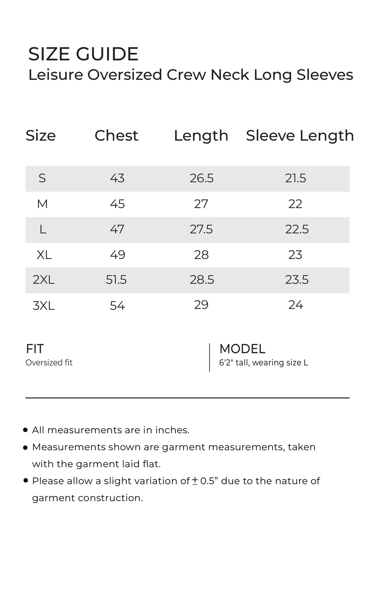 leisure Oversize Crew Neck Long Sleeve mobile size guide