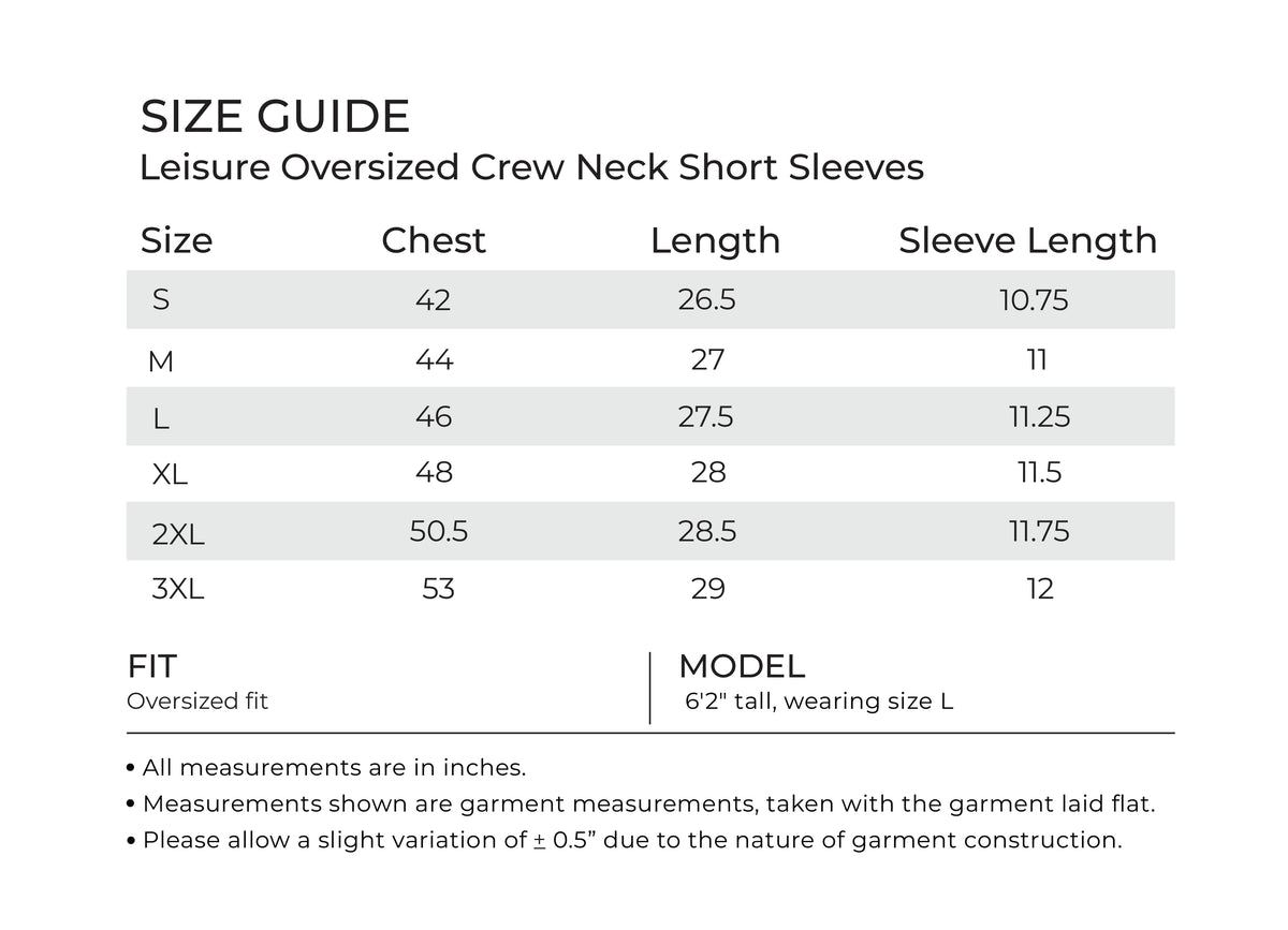 leisure Oversize Crew Neck Short Sleeve desktop size guide