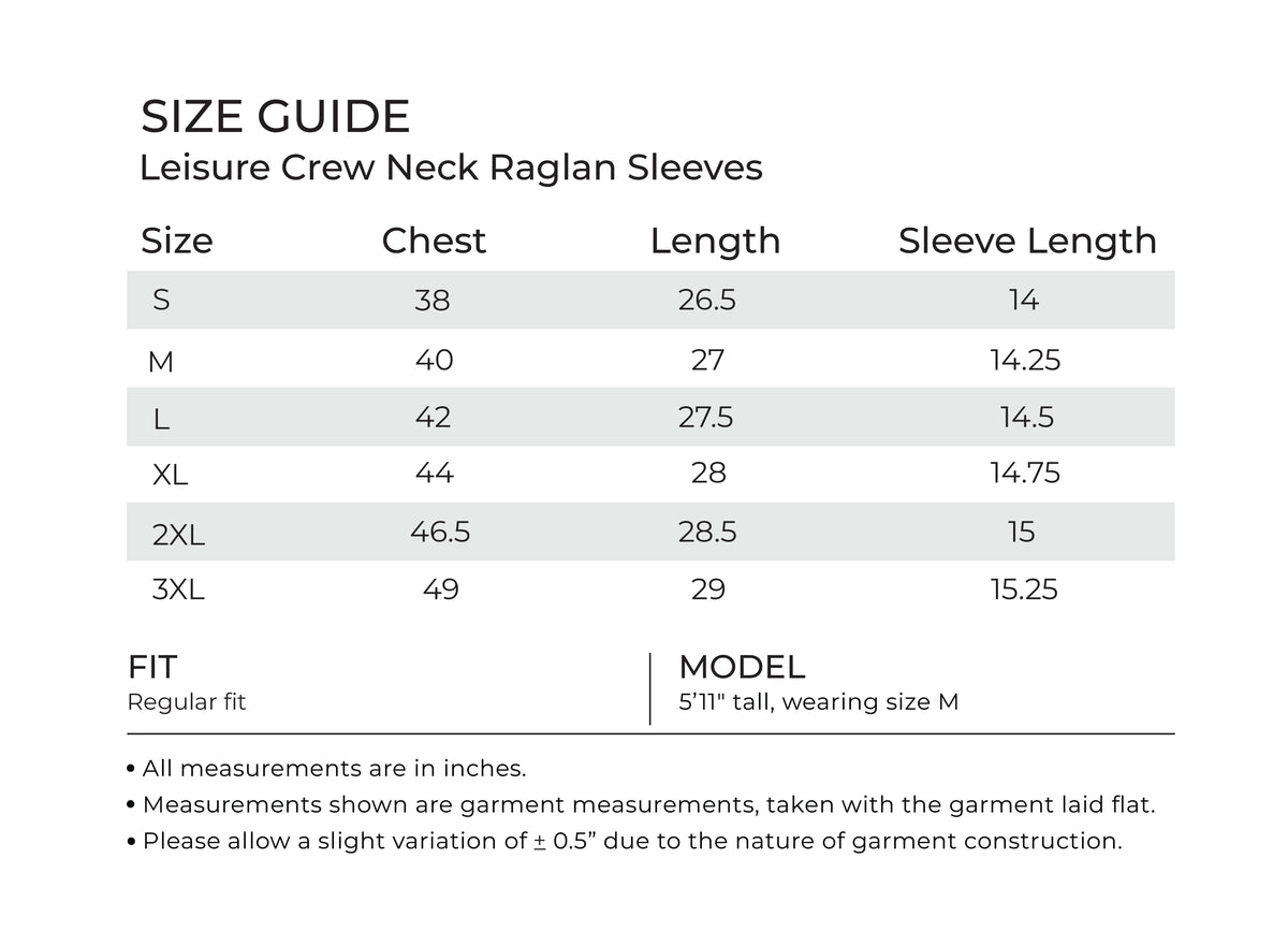 leisure Raglan Sleeve desktop size guide