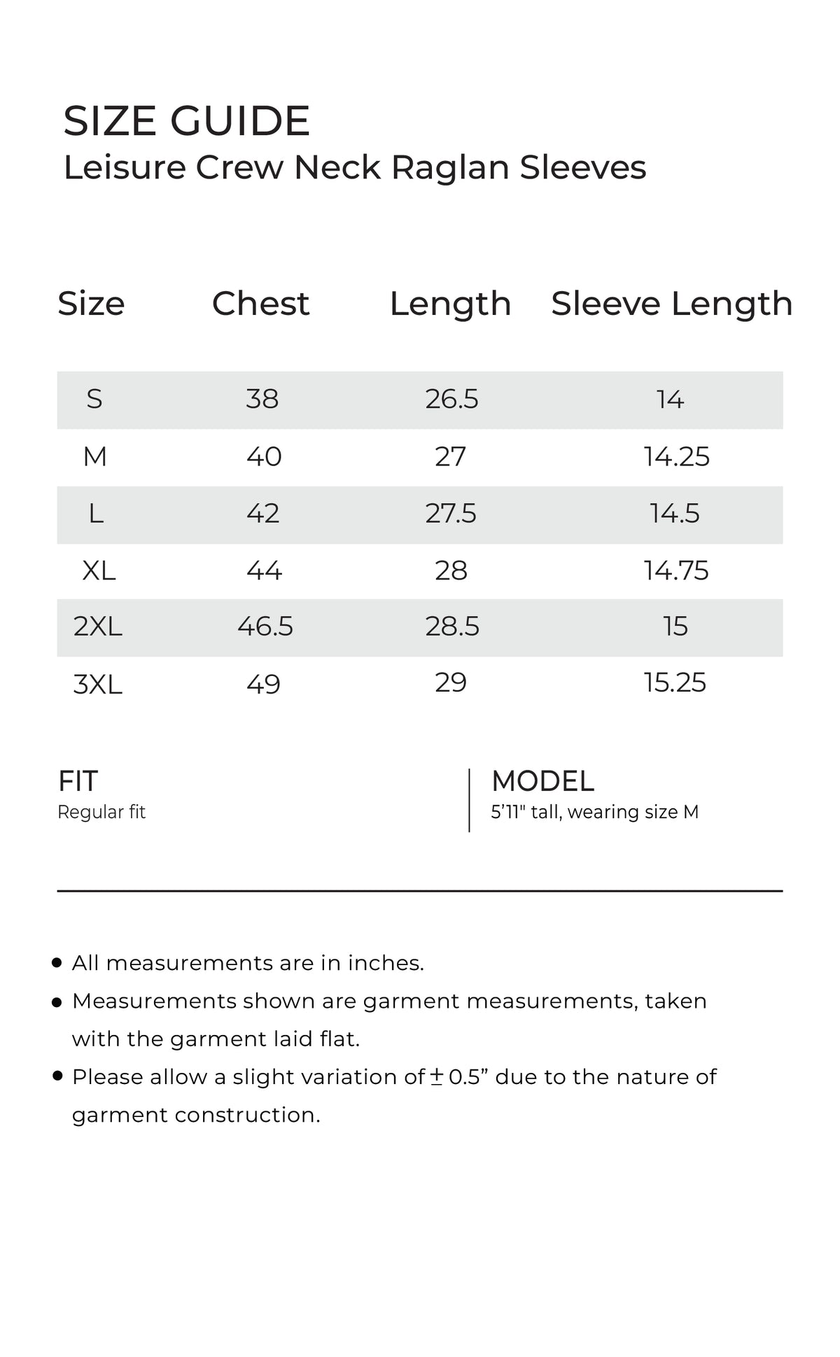 leisure Raglan Sleeve mobile size guide