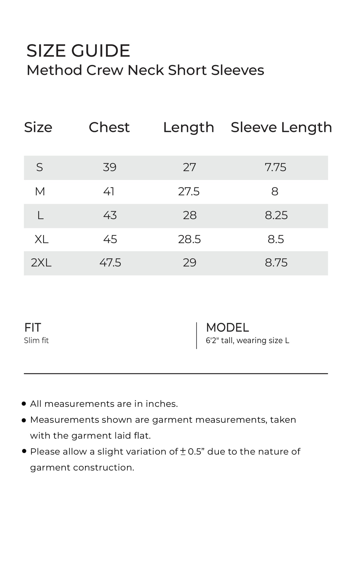 method Crew Neck mobile size guide